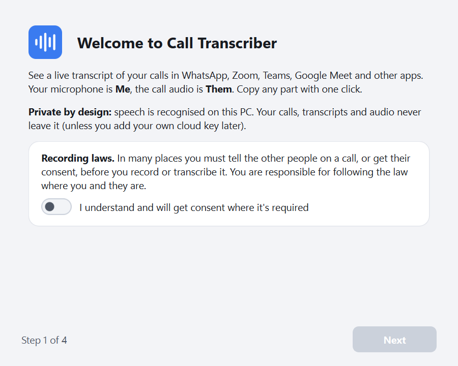 The Call Transcriber welcome screen on first start